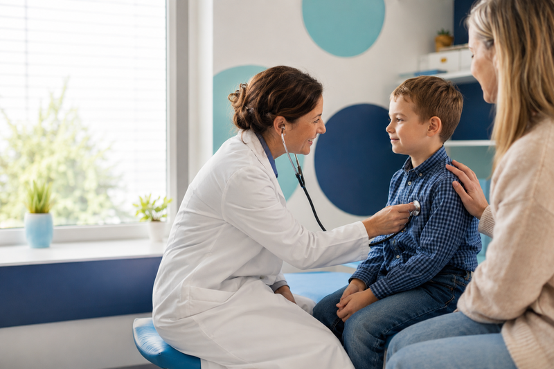 Lekarka bada dziecko stetoskopem podczas wizyty pediatrycznej w Toruniu
